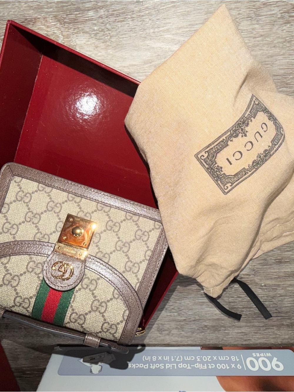 Gucci Beige GG Supreme Wallet with Brown Trim and Green-Red Web